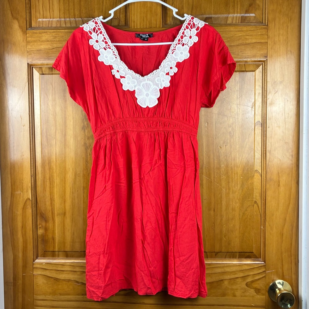 Empire Waist Mini Dress Womens M Red Crochet Lace Coquette Babydoll Girly
